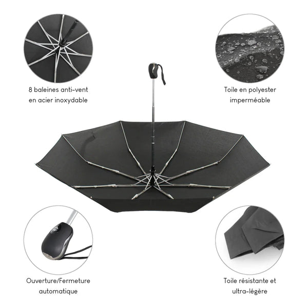 Parapluie automatique compact et résistant - Anti vent et retournement - ALISTAIR - Marque française garantie 1 an