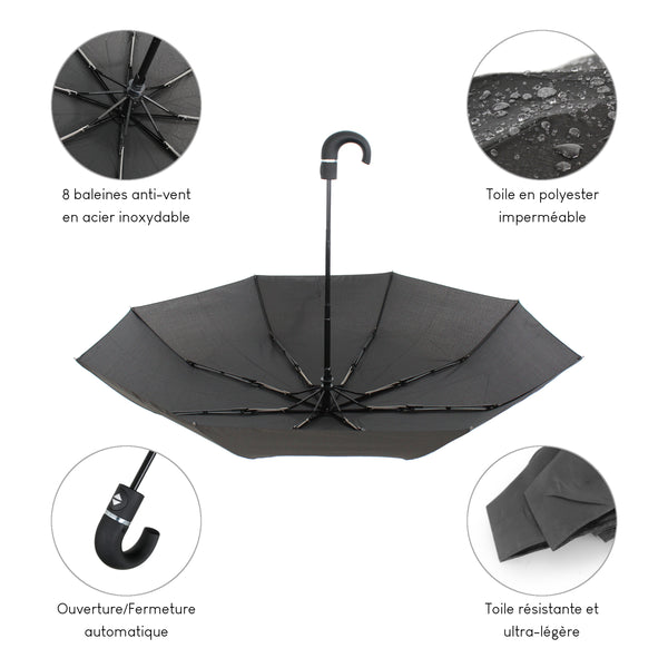 Parapluie automatique compact et résistant - Anti vent et retournement - ALISTAIR - Marque française garantie 1 an