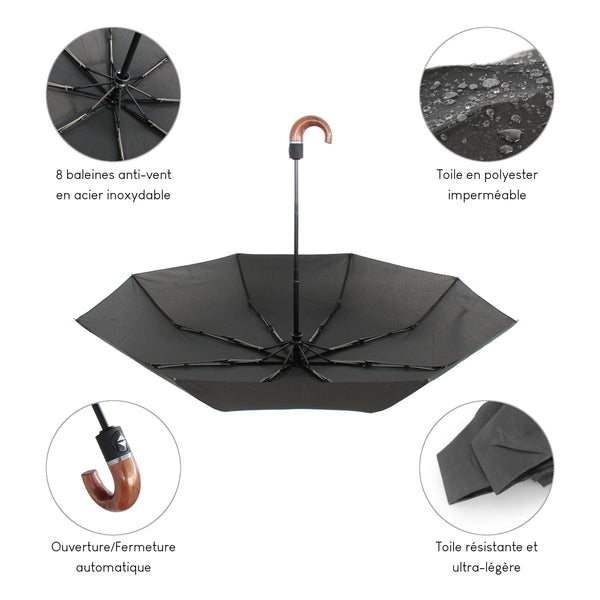 Parapluie automatique compact et résistant - Anti vent et retournement - ALISTAIR - Marque française garantie 1 an