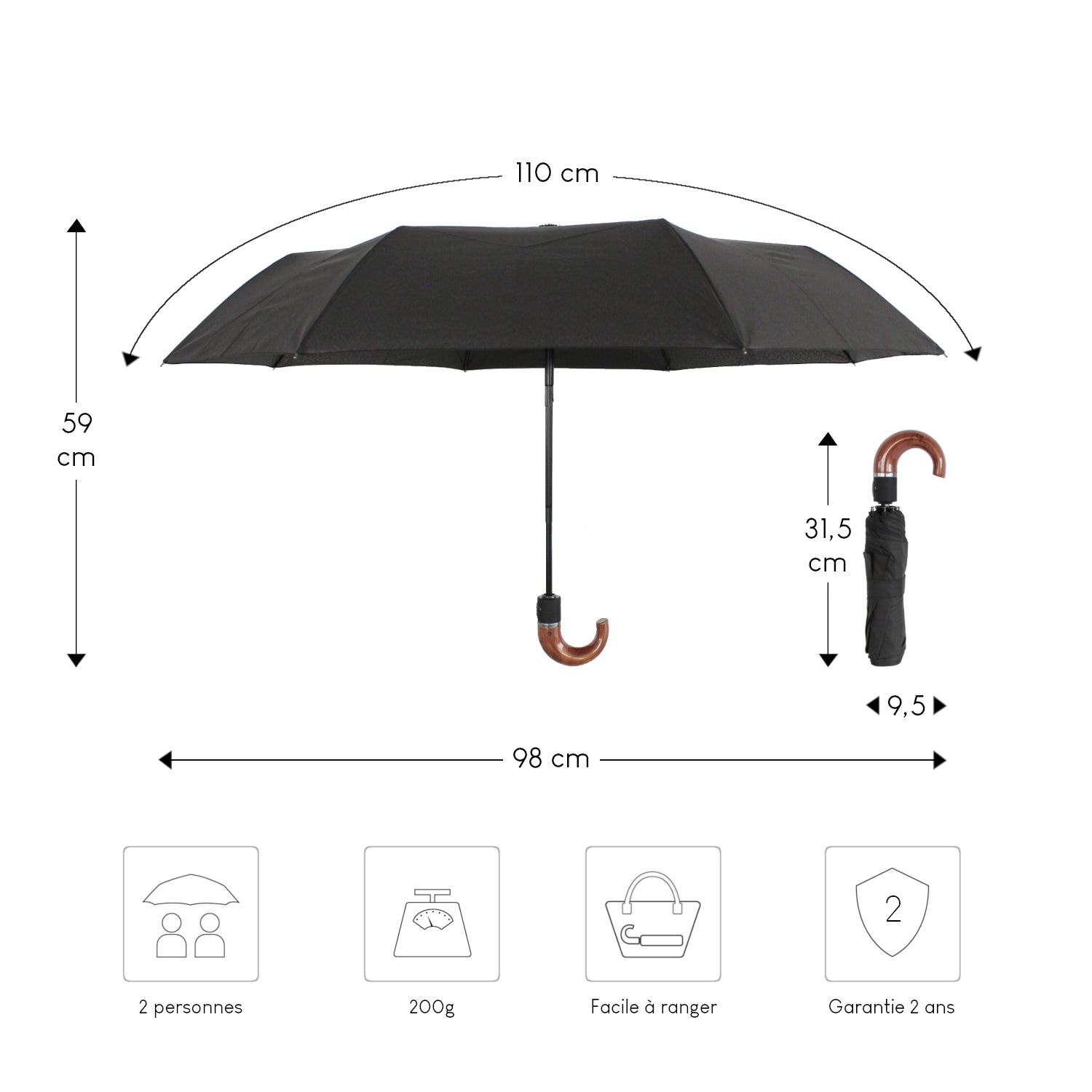Parapluie automatique compact et résistant - Anti vent et retournement - ALISTAIR - Marque française garantie 1 an
