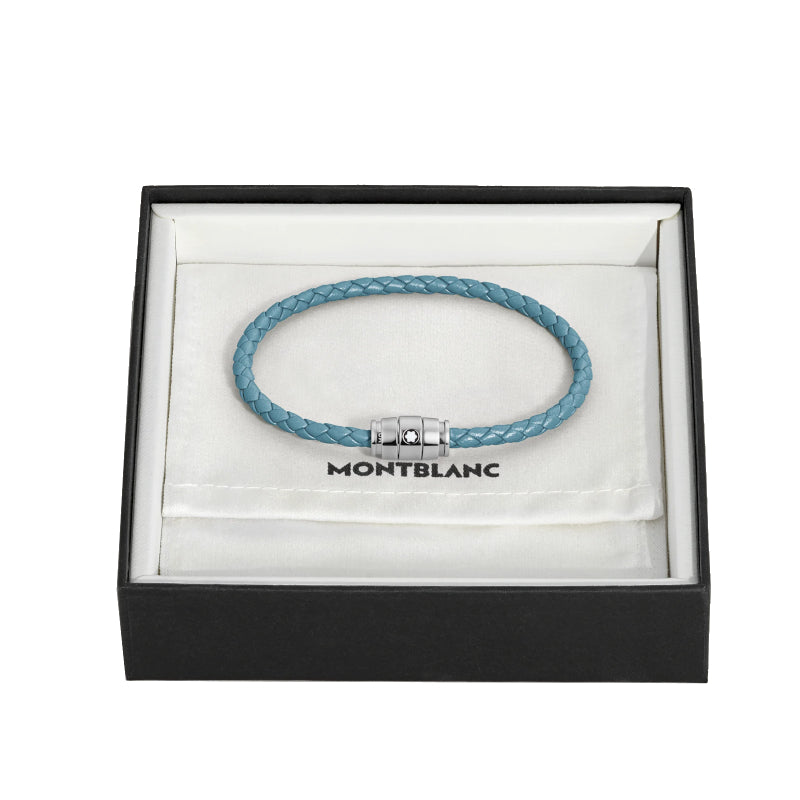 Bracelet Montblanc Meisterstück en acier 3 anneaux en cuir bleu cendré