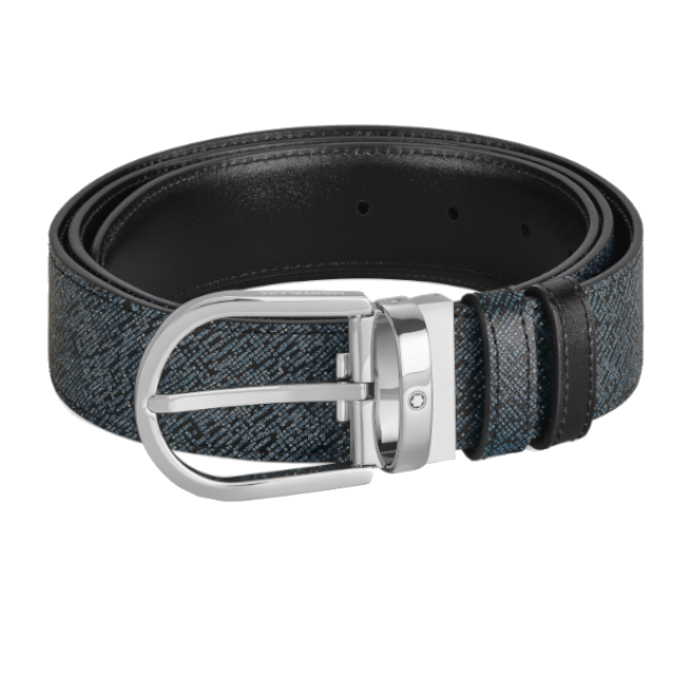 Ceinture Montblanc réversible à boucle fer à cheval de 35 mm en cuir bleu tweed/noir