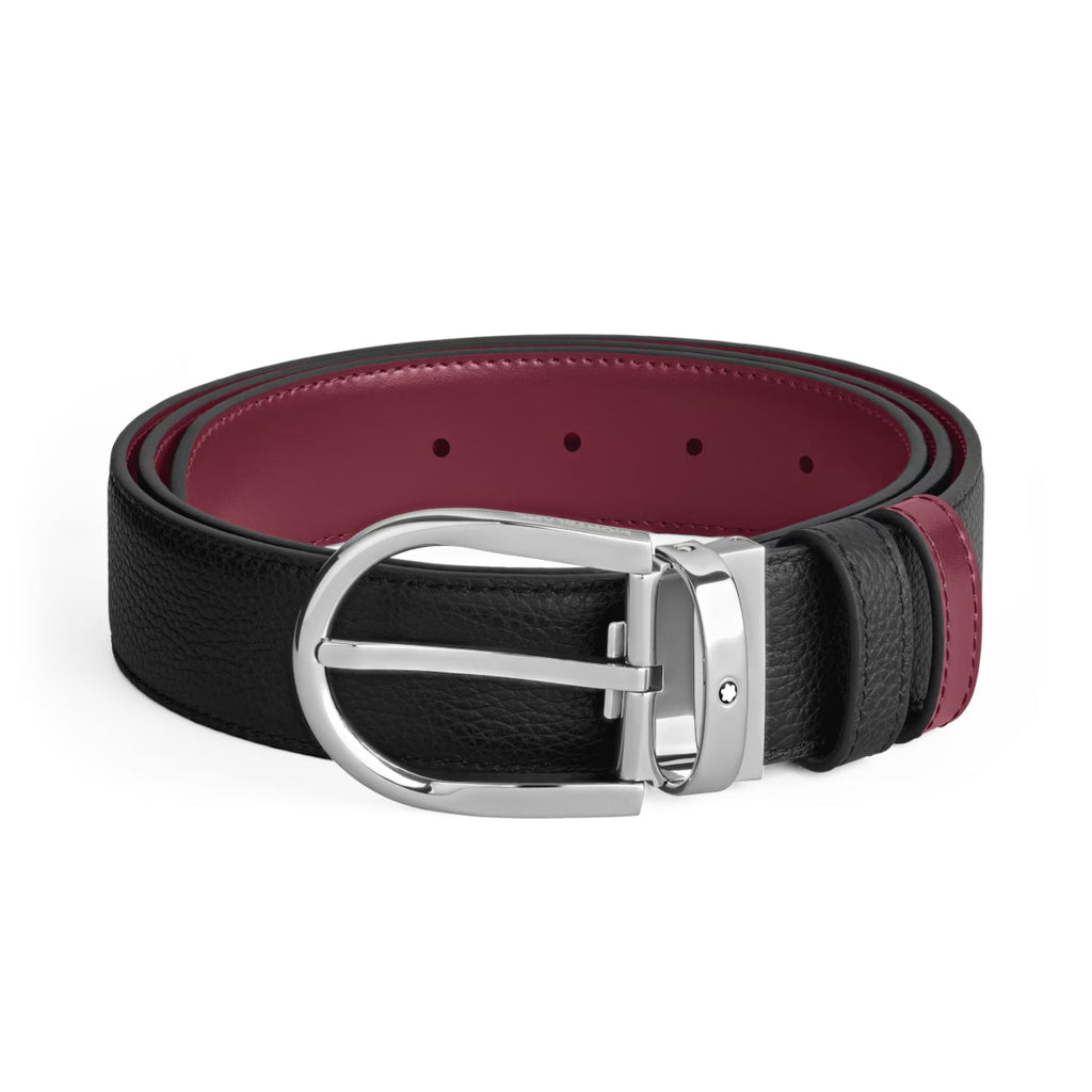 Ceinture en cuir réversible 35 mm uni grain/cassis noir avec boucle fer à cheval.