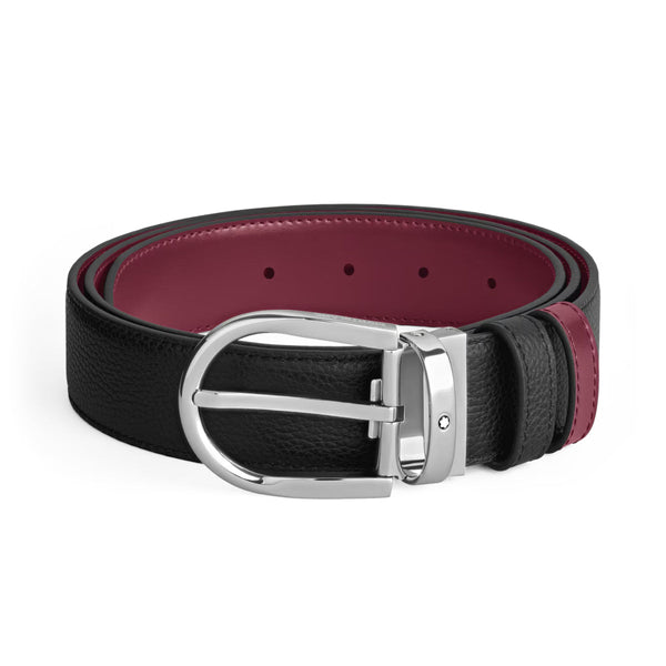 Ceinture en cuir réversible 35 mm uni grain/cassis noir avec boucle fer à cheval.