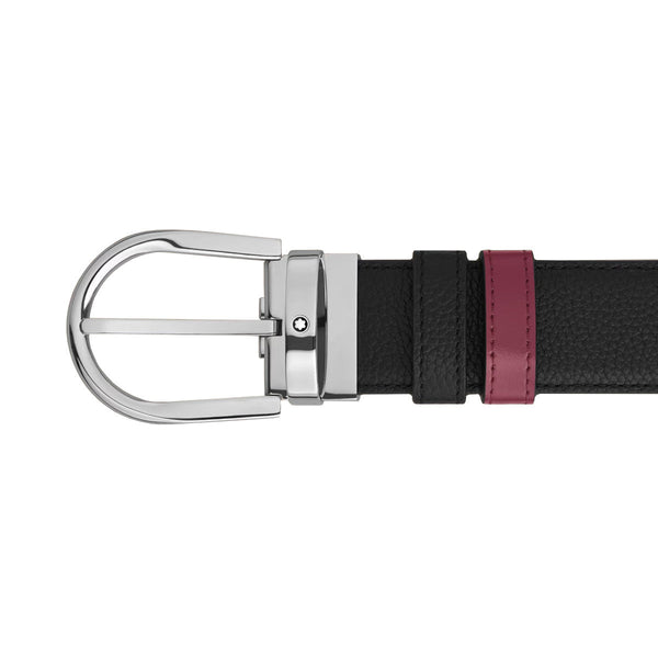 Ceinture en cuir réversible 35 mm uni grain/cassis noir avec boucle fer à cheval.