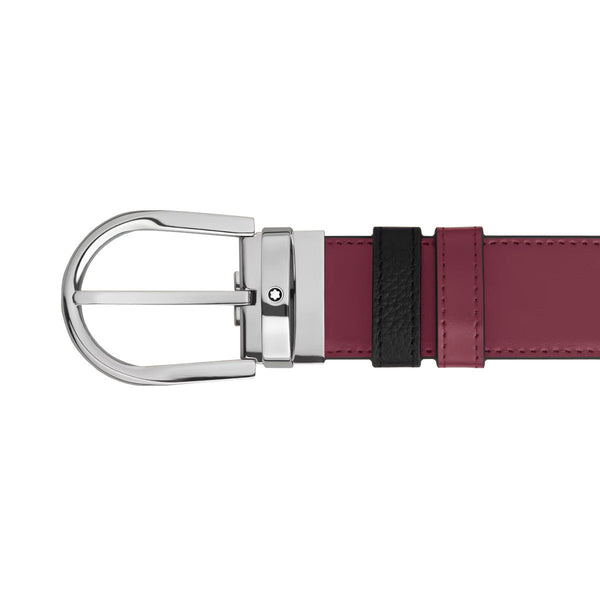 Ceinture en cuir réversible 35 mm uni grain/cassis noir avec boucle fer à cheval.
