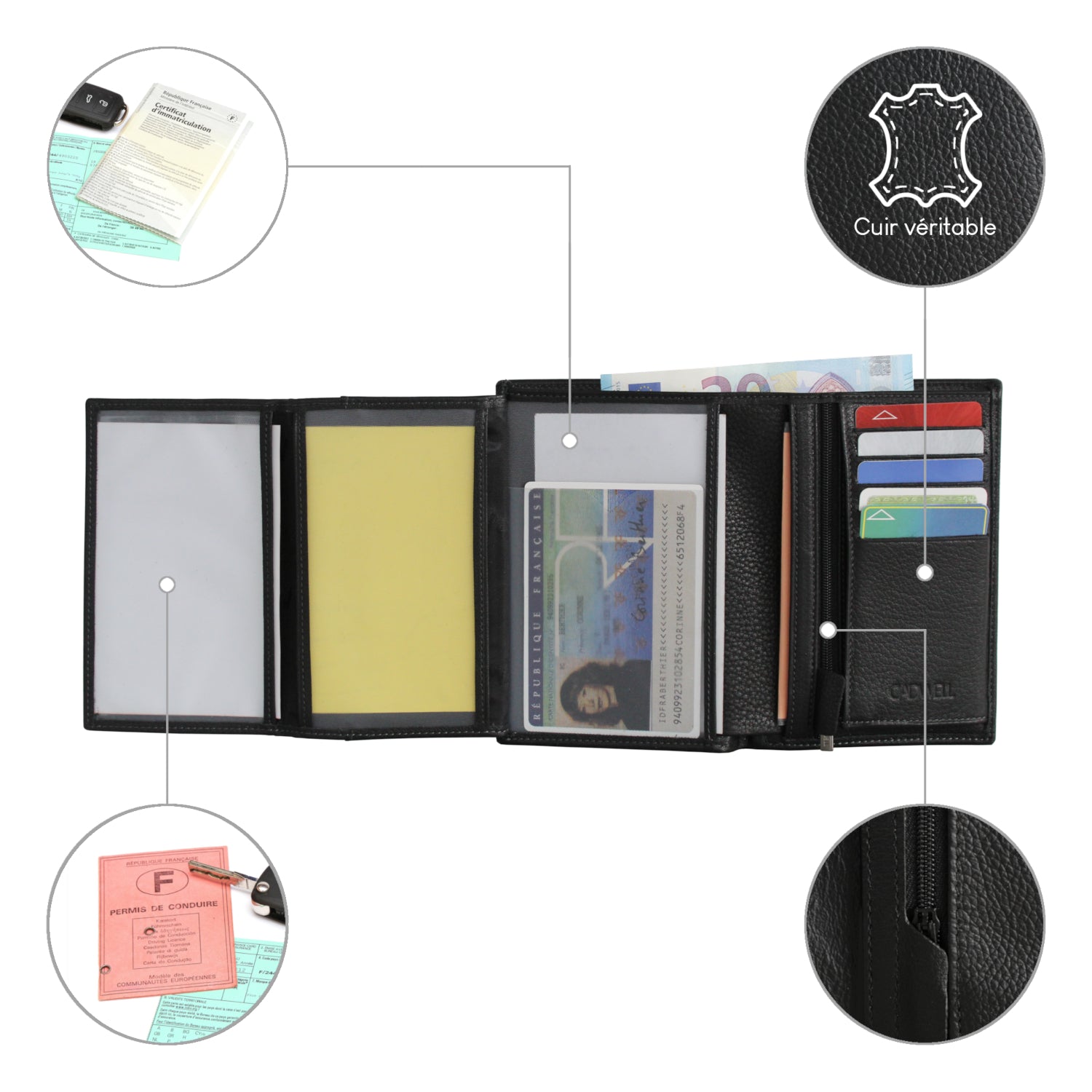 Portefeuille Homme 100% Cuir de Vachette - Noir - 12 Cartes – Noir