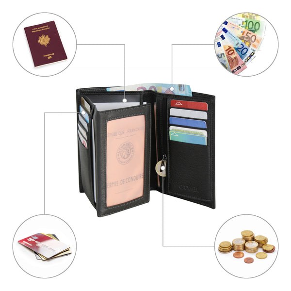 Portefeuille Homme 100% Cuir de Vachette - Noir - 12 Cartes – Noir