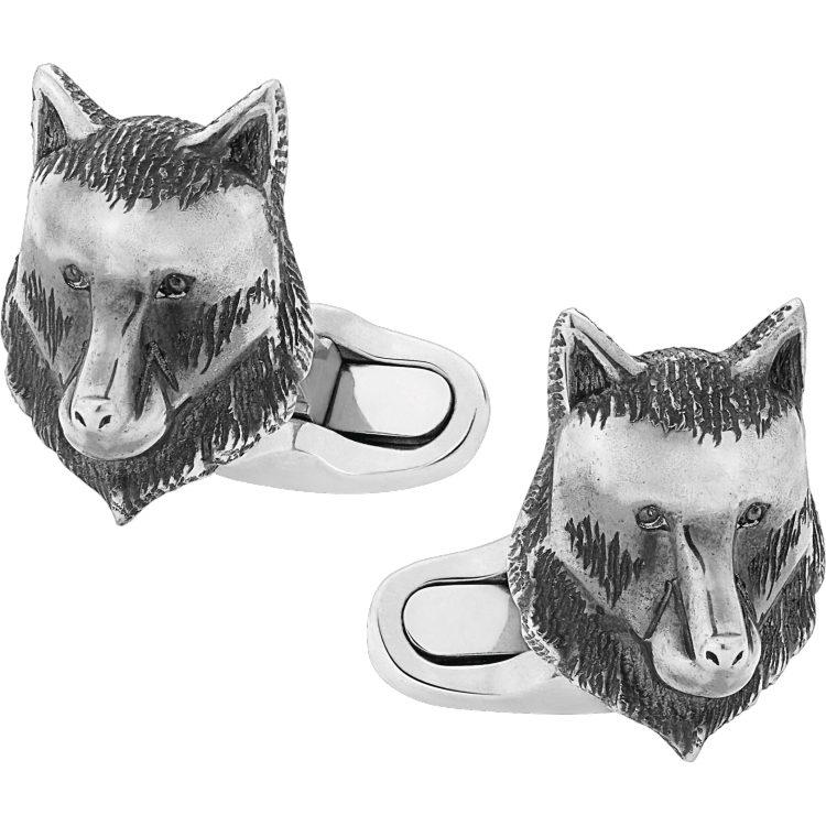 Boutons de manchette motif tête de loup en argent massif