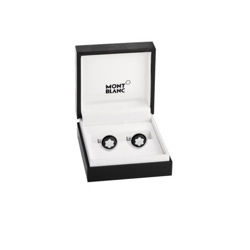 Boutons de manchette ronds en acier inoxydable avec incrustation PVD noire ornés de l’iconique sommet enneigé en nacre, emblème de Montblanc